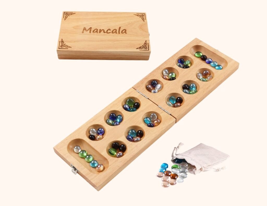 Mancala is a family of board games played around the world and known by various names. The game board consists of 12 small pockets in two rows of six, with each player controlling the six pockets on their side. 